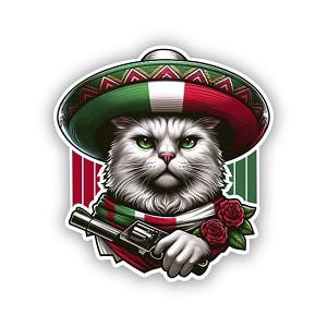 Fierce Cat with Mexican Flag Hat and Pistol   Precision Cut Decal