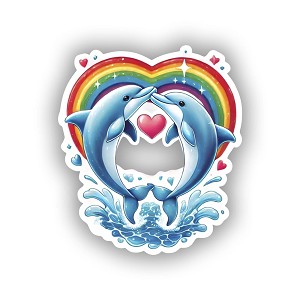Two Dolphins Jumping Through Rainbow in Heart Shape Over Sparkling Ocean with Sunny Clouds and Blue Sky  Precision Cut Decal