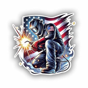 American Welder with USA Flag and Flames Precision Cut Decal