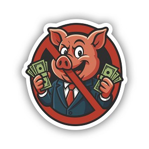Cartoon Pig Businessman Holding Money Stop The Greed Precision Cut Decal