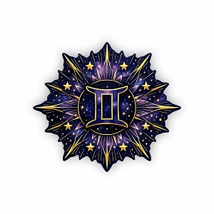 Gemini Zodiac Symbol Sticker with Cosmic Sunburst Starburst  Precision Cut Decal