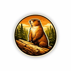 Marmot Wildlife Emblem Standing on Log in Forest  Precision Cut Decal