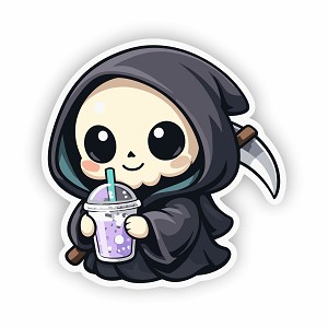 Cute Grim Reaper with Iced Drink  Precision Cut Decal