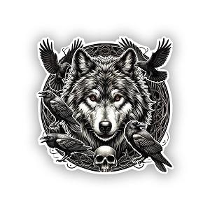 Gothic American Wolf with Ravens.  Sticker (Peel N' Stick)