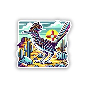 Greater Roadrunner with Zia Symbol and Desert Flowers  Sticker (Peel N' Stick)