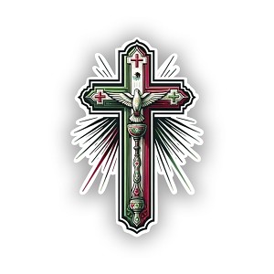 Intricately Detailed Mexican Flag Cross with Religious Symbols .  Sticker (Peel N' Stick)