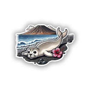 Monk Seal on Black Sand Beach with Hibiscus and Mountain  Sticker  (Peel N' Stick)