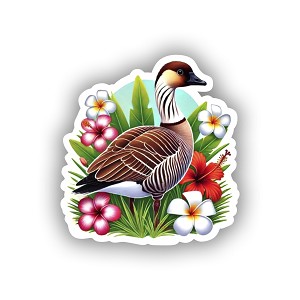 Hawaiian Goose Nene with Palm Tree and Sunset Background in Tropical Nature Theme,  Sticker  (Peel N' Stick)