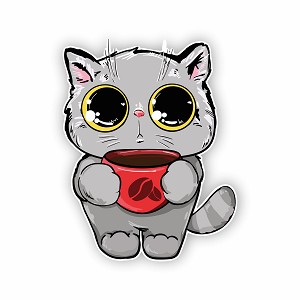 Cute Grey Cat with Coffee  Sticker (Peel N' Stick)