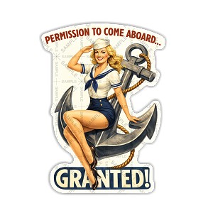 Vintage Navy Pin-Up Girl Anchor “Permission to Come Aboard… Granted!” Retro Sailor Sticker (Peel N' Stick)